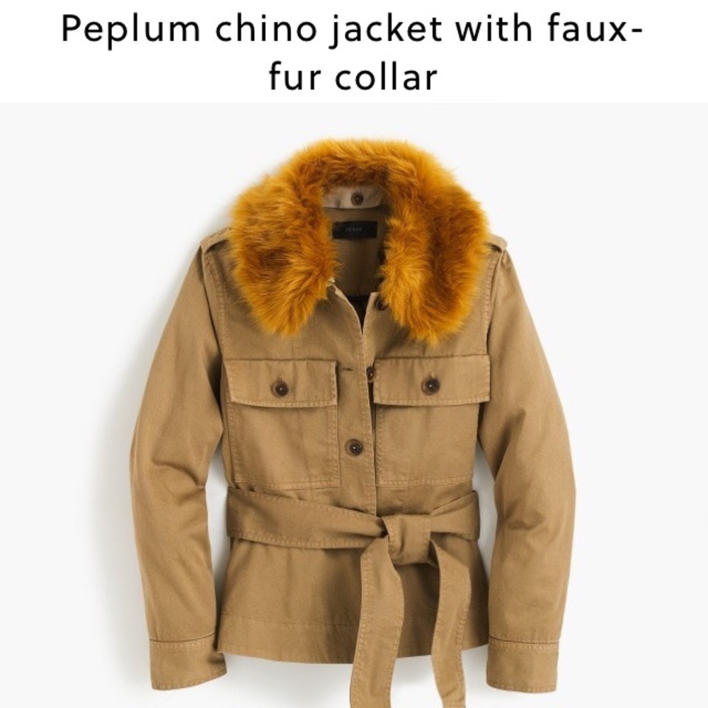 🍂🆕 Jcrew Peplum Chino Jkt w/Faux Fur Collar Sz S